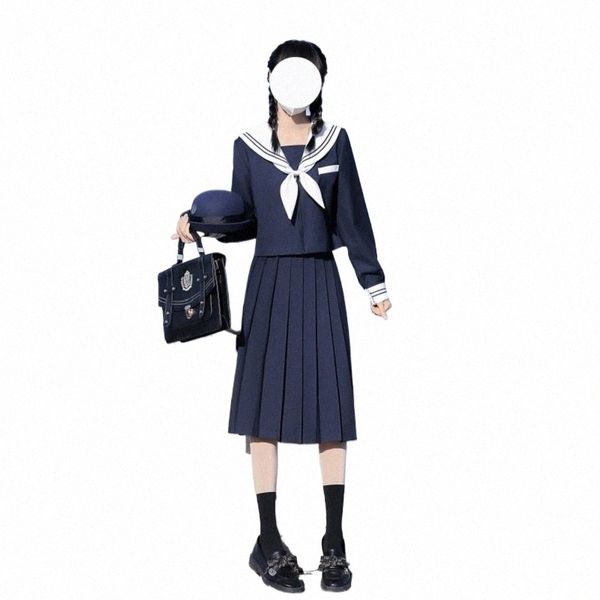 65 cm lguette JK Uniform Define Mulheres Japonesas meninas uniforme azul escuro Curto/lg Manga Uniformes Escolares Marinheiro Saia Plissada o6QE #