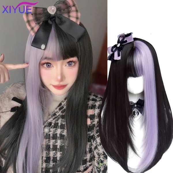 Perücken XiYUE Kuromi Schwarz-Lila-Perücke, farblich passend zu Little Idol, Lolita, geschichtetes, langes, glattes Haar