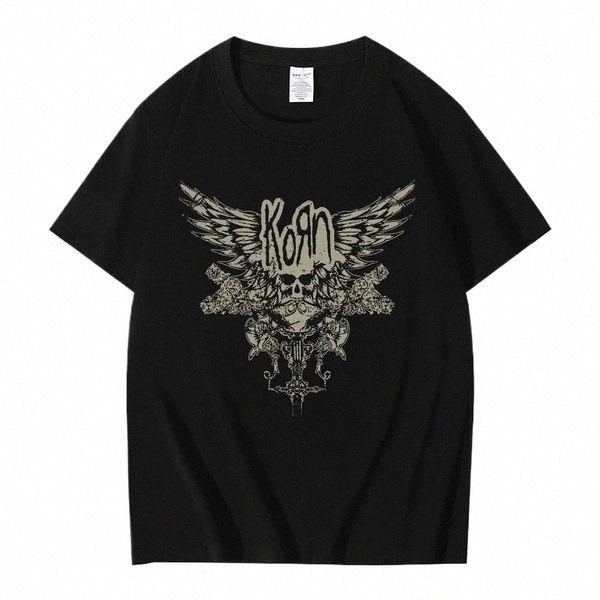 Korn Kafatası Kanatları Siyah Tişört Kadın ve Erkekler Metal Gotik Rock Band T gömlekleri artı boyutu T-shirt pamuklu üstler T0BB#