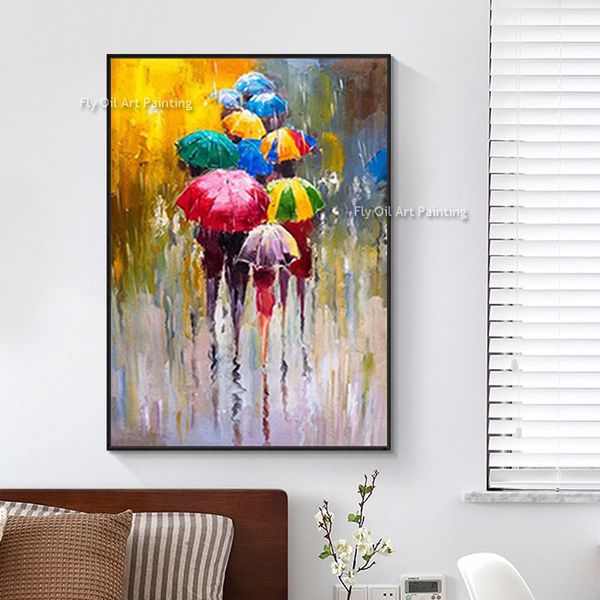 Abstrata linda menina segurando guarda-chuva pintura a óleo sobre tela colorida arte de parede para sala de estar decoração de casa feita à mão pintura em tela de dia de chuva