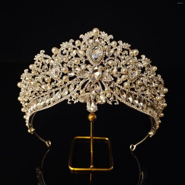 Başlıklar Lüks Düğün Taç Tiaras Gelin Saç Aksesuarları Crystal Pearl Barok Diadema Zarif Kadın Taçlar Gelin Headdress Novia