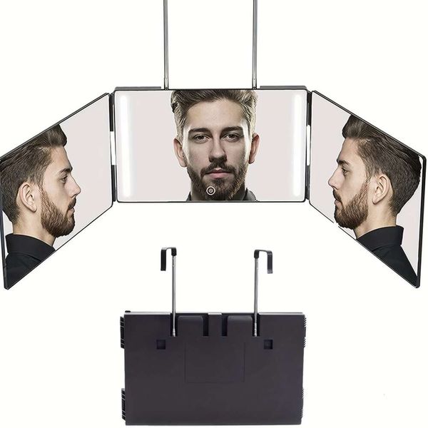 Трехстороннее светодиодное зеркало для самостоятельной стрижки, тройное складывание с подсветкой на 360° для стрижки/укладки волос, макияж для бритья, подвесное косметическое зеркало с регулируемыми по высоте кронштейнами, праздничное