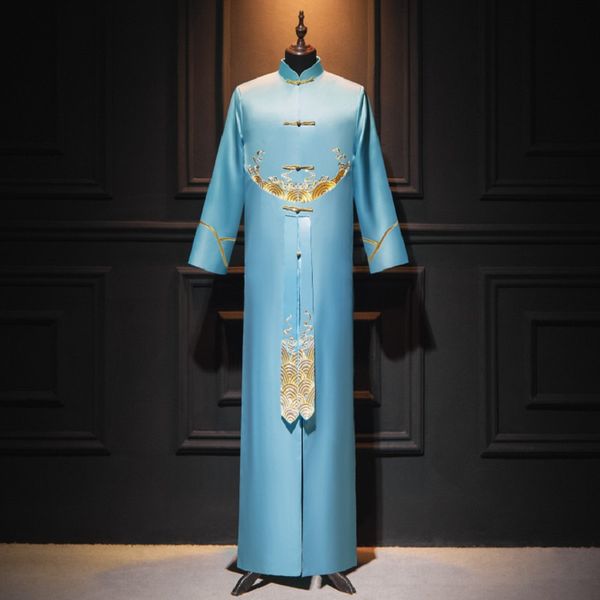 Çin Trend Etnik Giyim Ev sahibi elbisesi Düğün Damat En İyi Adam Elbise Çapraz Performans Ceket Elbise Çin Düğmesi Mandarin Robe