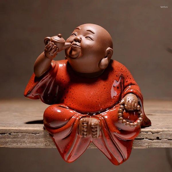Tee-Haustiere, chinesische rote Zen-Keramik, Kunsthandwerk, Zhaolai Maitreya, lächelnder Buddha, Wohnzimmer, antike Regaldekoration