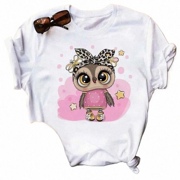 Carto Owl Graphic Print Женщины мужская футболка Fi Vintage Harajuku с коротким рукавом шейки с коротким рукавом плюс футболка Unisex 28oc#