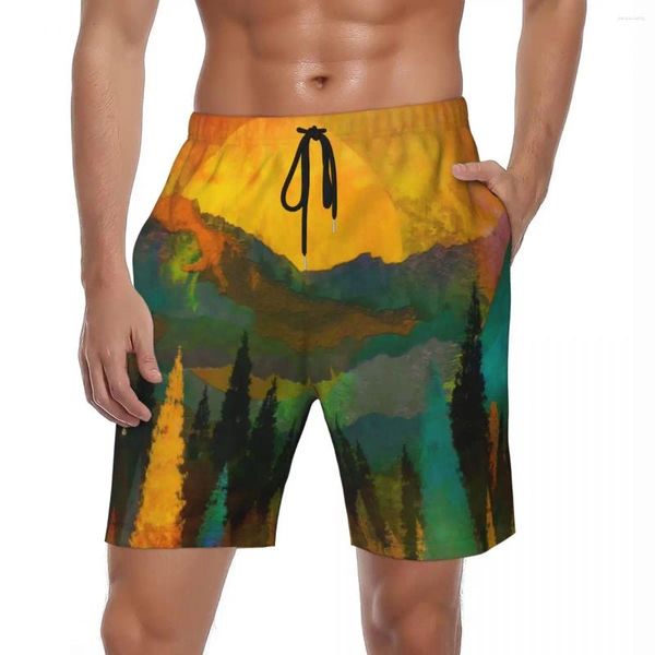 Pantaloncini da uomo Costumi da bagno Alberi e montagne Tavola Estate Stampa astratta Pantaloni corti da spiaggia Hawaii Design da uomo Costume da surf da corsa