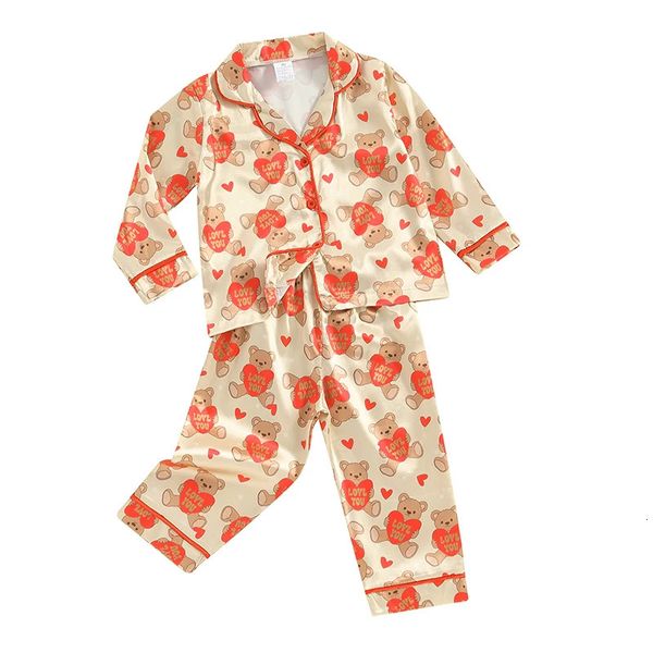 Valentinstag-Pyjama-Set für Kleinkinder, Mädchen, Jungen, niedlicher Aufdruck, Oberteil mit Knopfleiste und Hose, Nachtwäsche für Unisex, 2-teiliger Schlafanzug 240325