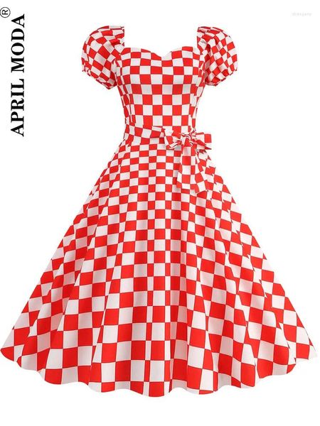 Vestidos de festa retro vintage 50s uma linha swing flare vestido xadrez bolinhas impressão elegante manga curta pista pinup rockabilly verão robe