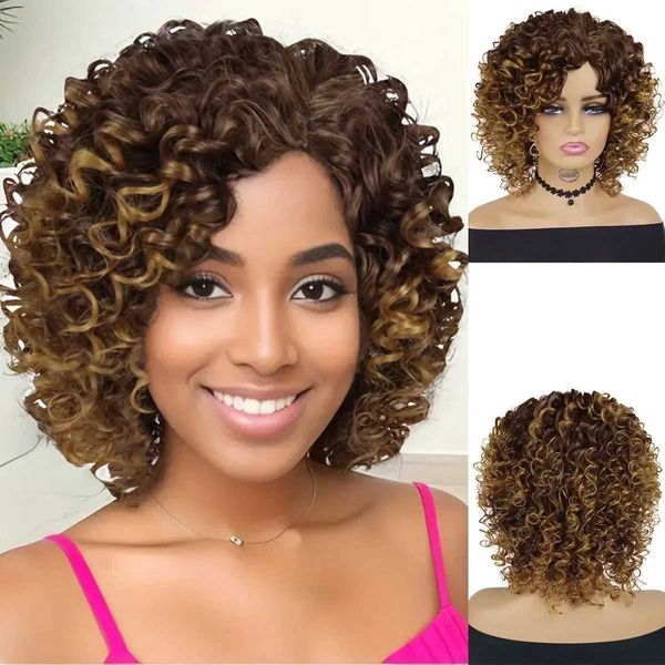 Nxy Vhair Wigs Gnimegil Parrucca corta afro crespa riccia sintetica Ombre Marrone Biondo per donna Parte laterale Bob Capelli naturali resistenti al calore 240330