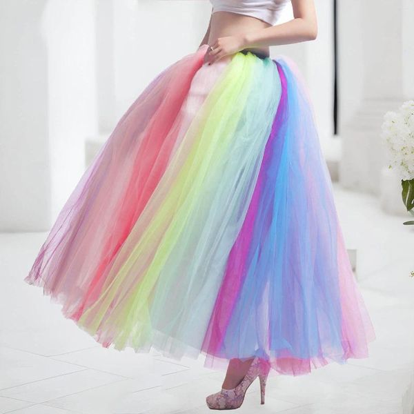 Gonne Gonna lunga in tulle multicolore Arcobaleno elasticizzato a vita alta Tutu pieghettato Abito da ballo Midi Faldas Party Puffy