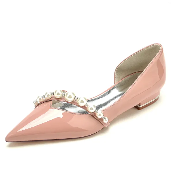 Sapatos casuais femininos plana 2cm rosa marfim salto alto pérolas fivela cinta couro patente temperamento elegante versátil senhora diária