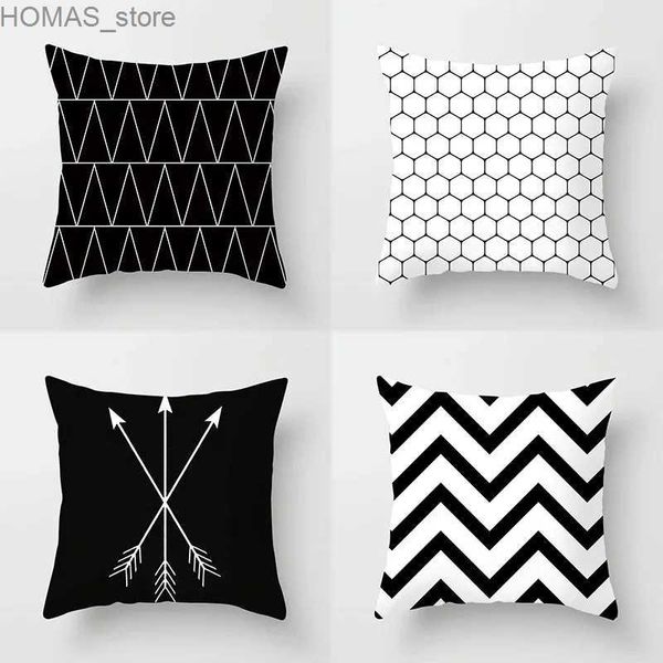 Kissen 45x45cm Einfache modische schwarze und weiße geometrische Streifenkasse Polyester Sofa Sitzkissen Cover moderne Wohnkultur Y240401