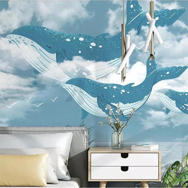 Sfondi Wellyu Nordic Creativo Oceano Mediterraneo Cielo Balena Camera dei bambini Sfondo Muro Personalizzato Grande murale Carta da parati verde