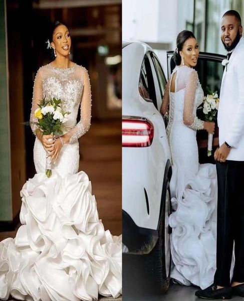 2022 estilo árabe babados tieres sereia vestidos de casamento jóia pescoço manga cheia pérolas vestido de noiva rendas até volta aso ebi afric7657504