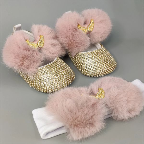 Dollbling staubiger rosa Federkugel Fell Baby Schuhe Stirnband Set Luxus Diamant Flusen -Outfit rotes Boden kleines Mädchen Taufe Schuhe