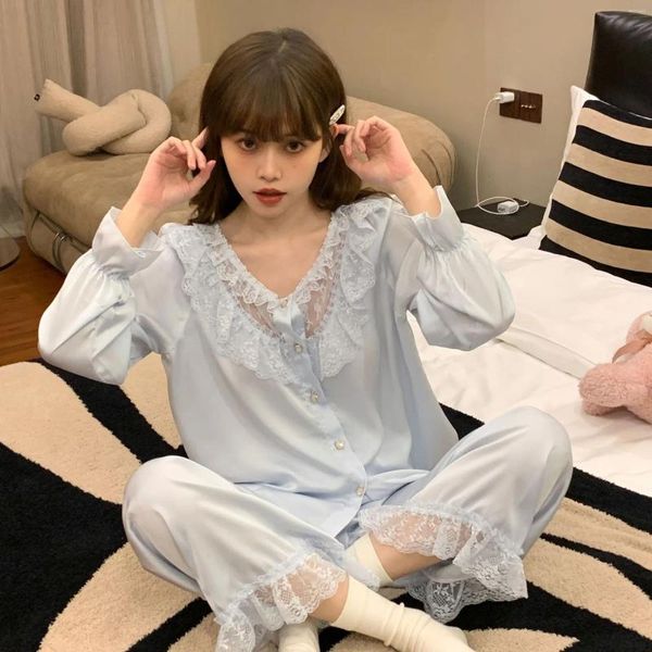 Abbigliamento per la casa Abbigliamento da notte da donna Lingerie Pigiama a due pezzi Set Camicia a maniche lunghe con o-collo in pizzo Pantaloni Pigiama Completo da notte Abbigliamento da casa in raso