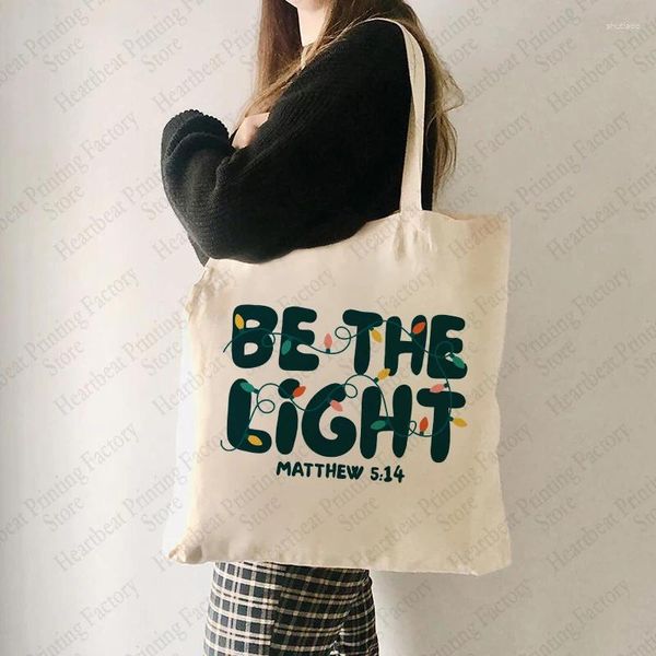 Einkaufstaschen Be The Light Matthew 5:14 Muster Einkaufstasche Canvas Schulter Damen wiederverwendbar trendig faltbar