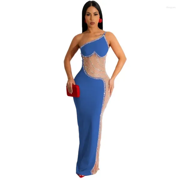 Vestidos casuais noite vestido de aniversário para mulheres espaguete cinta strass malha gaze magro sexy africano longo primavera 2xl