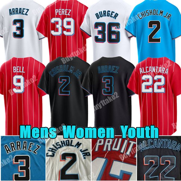 Custom 2 Jazz Chisholm Jr. Baseball Jersey 7 Tim Anderson Sandy Alcantara Luis Arraez Eury Perez Miami Jake Burger Josh Bell Marlins Nick Gordon Forte Jesus Luzardo