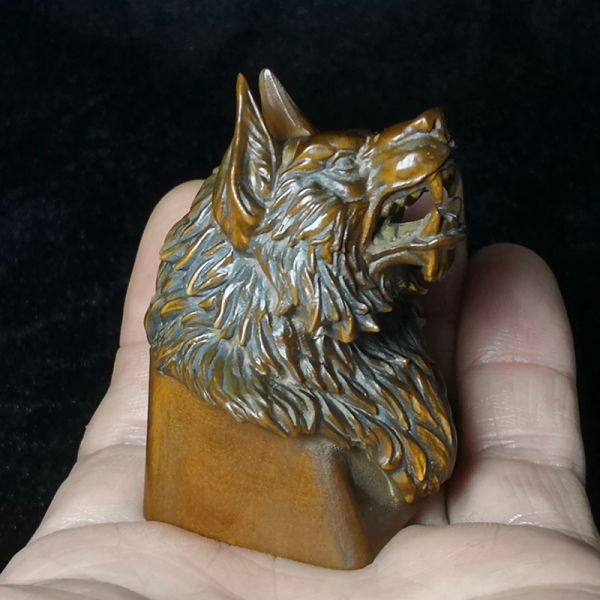 Esculturas h 6 cm madeira chinesa buxo mão esculpida animal cabeça de lobo figura estátua netsuke mesa decoração presente coleção