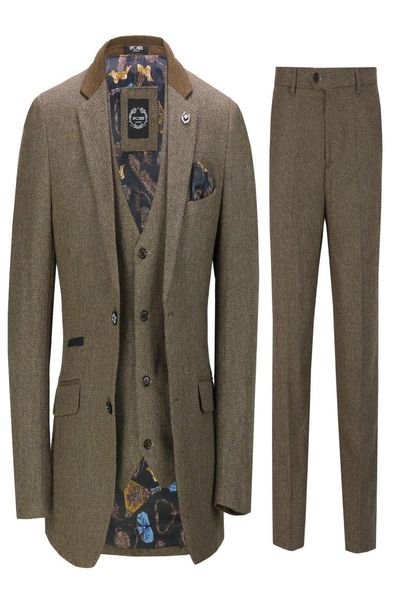 3-teiliger Herren-Tweed-Anzug mit Fischgrätmuster im braunen Retro-Peaky-Blinders-Stil. Taillierte Herrenanzüge, Jacke, Hose, Weste 4111266