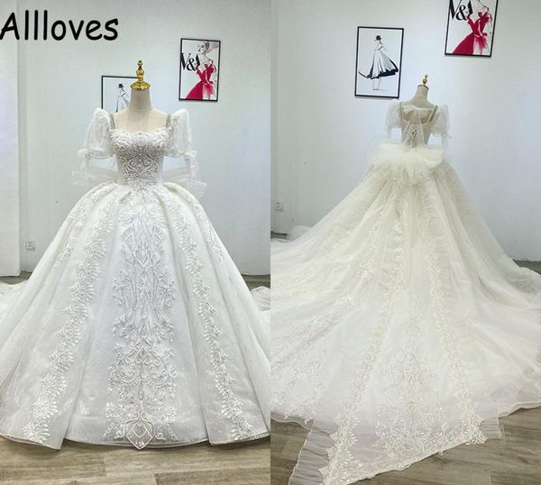 Abito da ballo reale Abito da sposa con maniche corte a sbuffo Principessa Cerimonia formale Chiesa Abiti da sposa Perle di lusso Cristalli Perline 1048315