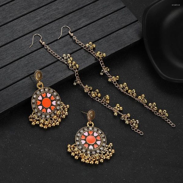 Baumelnde Ohrringe Boho Kristall runder Tropfen Femmes Herz Emaille Blumenmuster Party Perlen Quaste Vintage Jhumka Schmuck