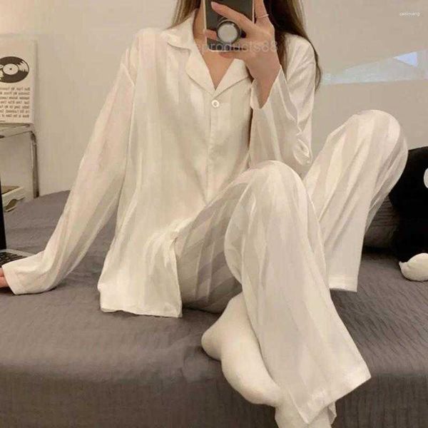 Mulheres sleepwear mulheres rendas cetim pijama conjunto leite tecido de seda listrado com camisa de manga longa larga para a primavera