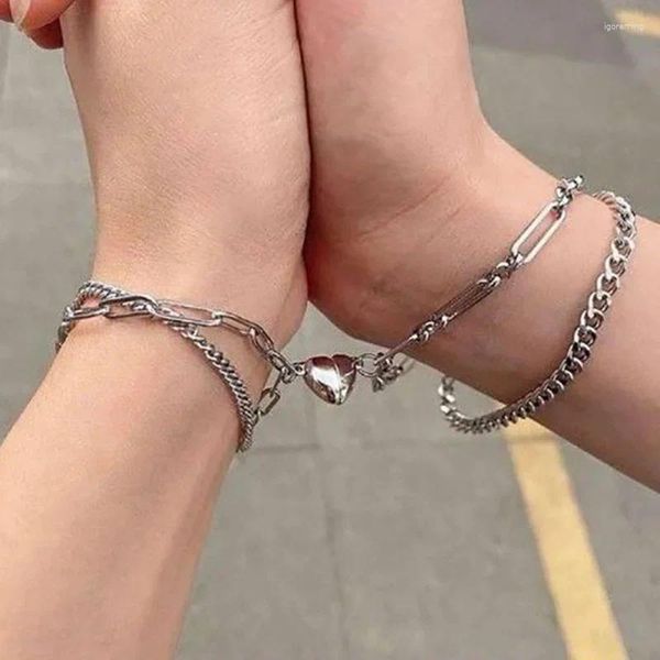 Charme pulseiras 2 pcs punk coração magnético casal pulseira para mulheres cor prata corrente distância emparelhada pulseira jóias dia dos namorados