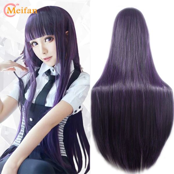 Parrucche MEIFAN Cosplay Anime parrucche 100 cm lungo rettilineo resistente al calore sintetico viola nero capelli naturali parrucca cosplay festa in costume