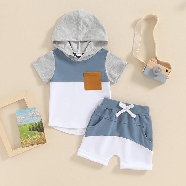 Conjuntos de roupas duas peças bebê meninos verão shorts roupas moda manga curta com capuz tops cordão para criança
