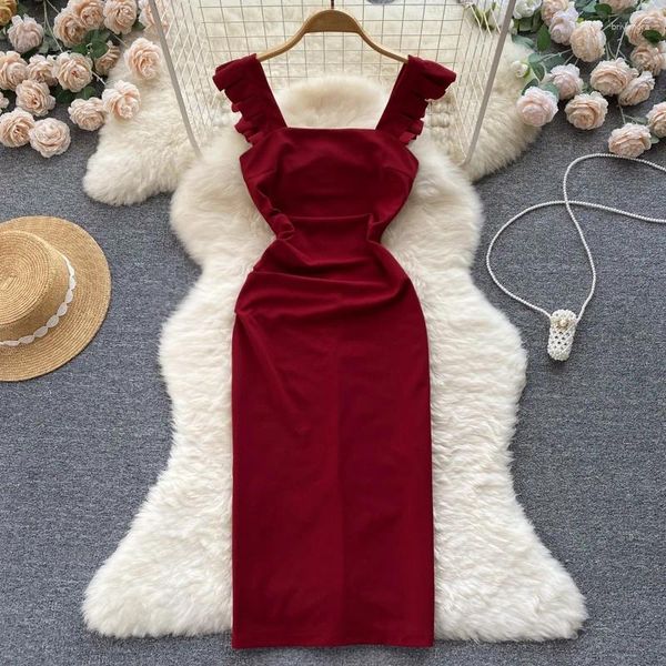 Vestidos casuais verão sstss mulheres bodycon vestido vintage colarinho quadrado sem mangas magro cintura alta divisão na altura do joelho festa trabalho lápis