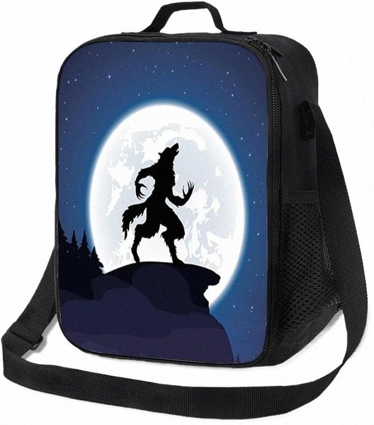 Tema lupo Halen, borsa da pranzo isolata per donna uomo, Mo Night Sky Growling Halen, scatola da pranzo riutilizzabile a tenuta stagna Q2rW #