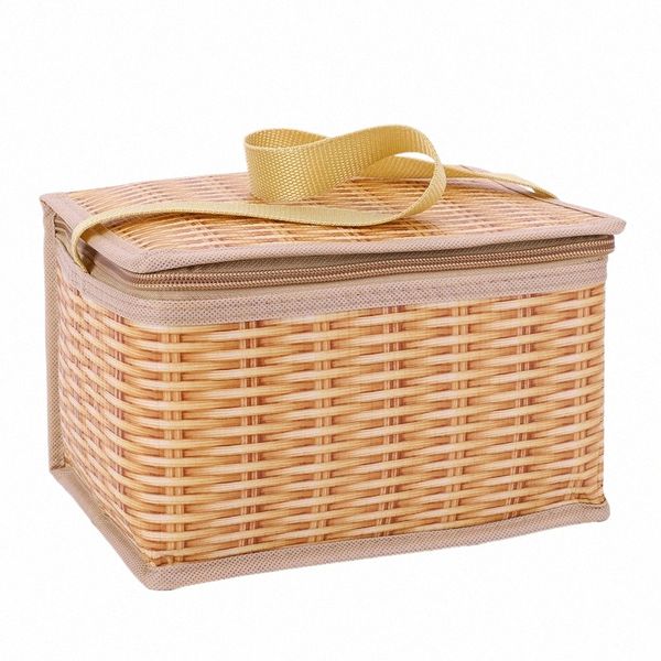 Outdoor Wicker Rattan Picnic Bag Waterproof Tablee Cam Picnic Baskets Khaki Lunch Box Thermal Cooler Ctainer m8Fx #