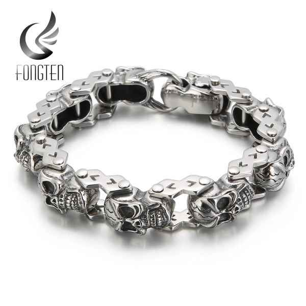 Pulseiras Fongten Cabeça de Crânio Gótico Viking Homens Pulseira de Aço Inoxidável Punk Rock Band Design de Moda Biker Bangle Jóias