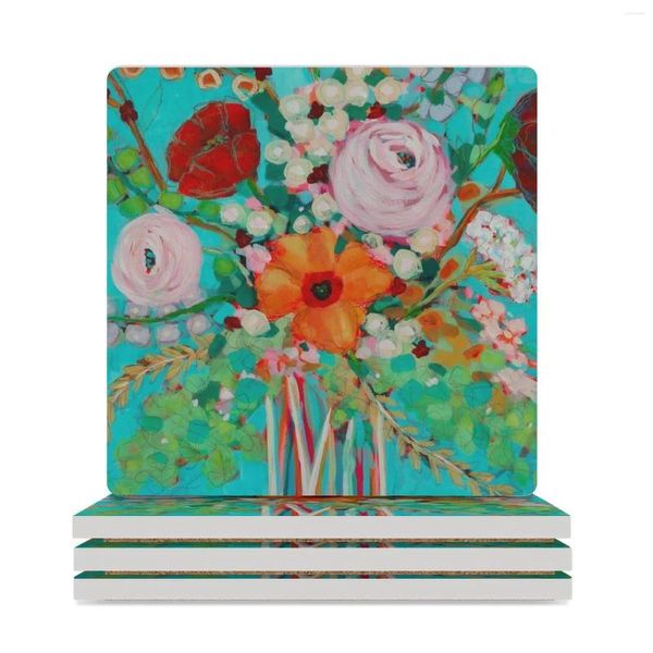 Tapetes de mesa modernos pintura floral porta-copos de cerâmica (quadrado) conjunto de canecas de chá natal fofo