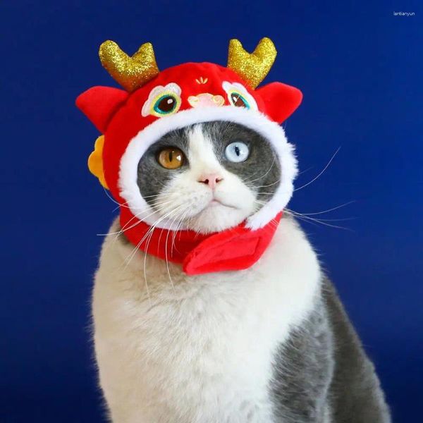 Abbigliamento per cani Comodo cappello per animali domestici Drago cinese per anno Cosplay Peluche 3D Corna Ricamo Copricapo Cat Po Prop Primavera