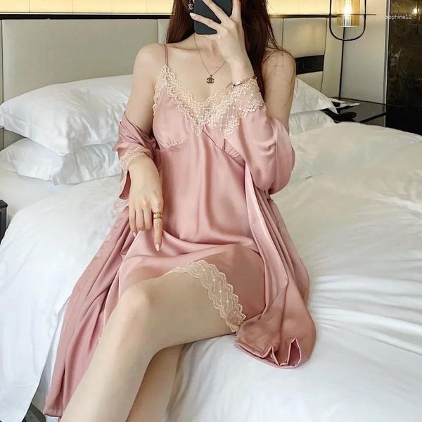 Ev Giyim Seksi Halter Buz İpek Nightgown Kadınlar Korse Pijama Seti