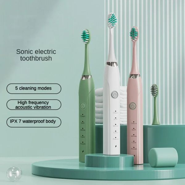 Cabeças Sonic Electric Toothbrush ipx7 impermeável dupont cerdas macias de USB de carga rápida 5 modos dentes dentales de dentes dentários escova de dente