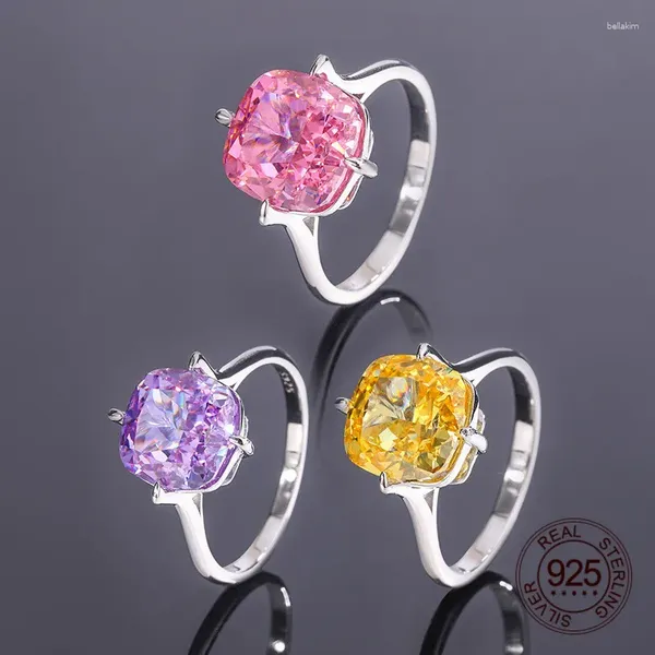 Anéis de cluster 10x10mm amarelo rosa roxo cor esmagada corte alto carbono diamante 5a zircon 925 prata esterlina único anel de pedra