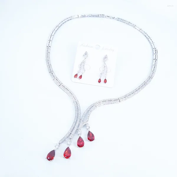 Collana di orecchini set 2024 moda cristallo rosso goccia d'acqua CZ zircone matrimonio sposa banchetto abito formale orecchini gioielli