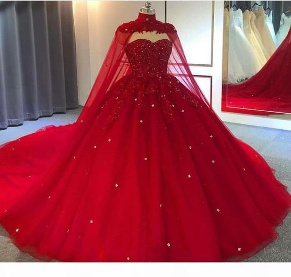 Arabisch Dubai Red Plus Size Ballkleid Brautkleider mit Wraps Schatz Spitze Kristall Perlen Robe De Mariee Brautkleider Custom8070685