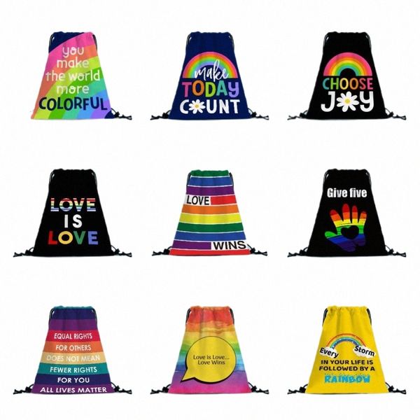 Orgulho Dia Mth Sacos com cordão Arco-íris Coração Tema Mochila esportiva Love is Love LGBTQ Direitos iguais Veet Strap Pocket Atacado c6Hz #