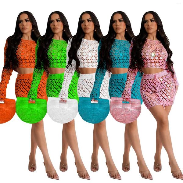Vestidos de trabalho Crochet Tricô Mulheres Cover Ups Sólidos Oco Out Lantejoulas Crop Top Mini Saias Matching Set 2024 Verão Beach Wear 2 Peça