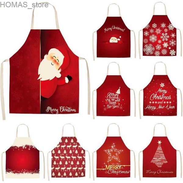 Schürzen Weihnachtsdekorationen Weihnachtsmann Santa Claus Red ärmellose Schürze Baumwolle und Leinen Küche Schürze Damen Hauskochgrill Bib Schürze Y240401