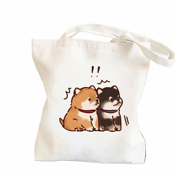 Mulheres Shop Bag Cute Dog Impresso Harajuku Reutilizável Shopper Canvas Bag Girl Handbag Tote Ombro Lady Bags O4Rp #