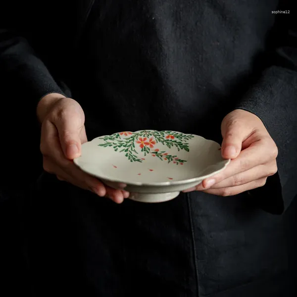 Set di posate da tè in ceramica fatta a mano con bocca di fiori, piccolo vassoio da tè, dipinto a mano, Campsis Grandiflora, zuppiera, teiera, torta