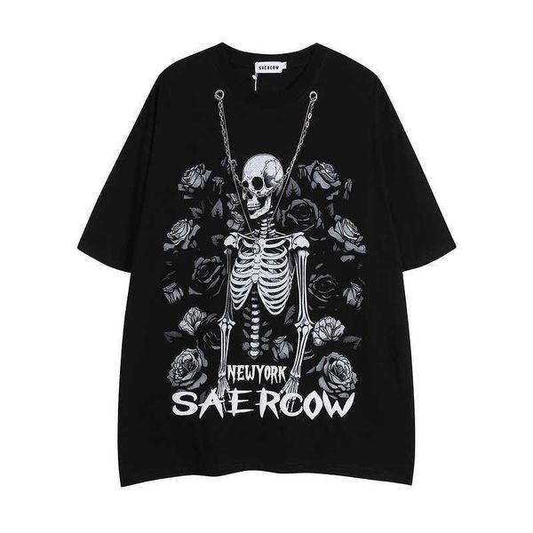 High Street American Style Chain Rose Skull Print Trendige Marke Vtg Kurzarm Hip-Hop Loose Couple T-Shirt für Männer