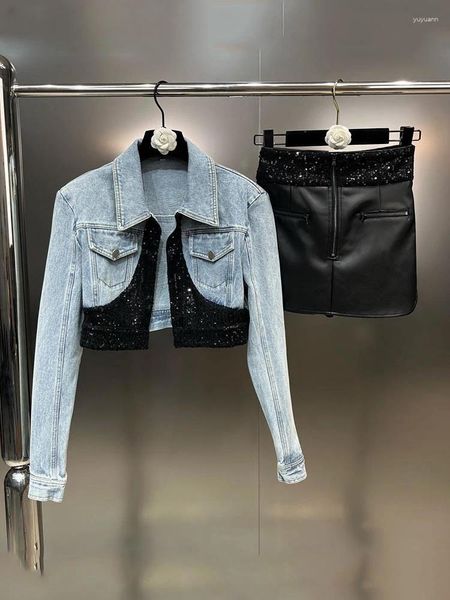 İki parçalı elbise moda kadın gündelik uzun kollu yaka patchwork denim ceket pullu bel fermuar pu deri etek 2024 kadın ilkbahar yaz