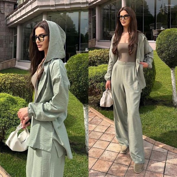 İş Elbiseleri Müslüman Kadınlar İçin İki Parçalı Set Sabit Kapşonlu Gömlek Ceket Düz Pantolon Abaya Dubai Türkiye İslami Giyim Hijabi Ramazan